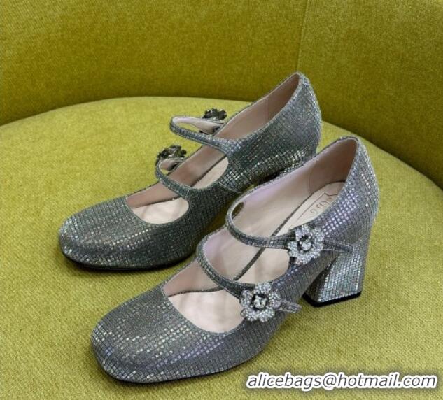 Popular Style Roger Vivier Bouquet Strass Babies Pumps 8.5cm with Crystals Allover Grey 228090