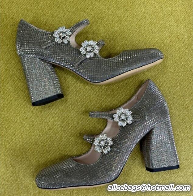 Popular Style Roger Vivier Bouquet Strass Babies Pumps 8.5cm with Crystals Allover Grey 228090