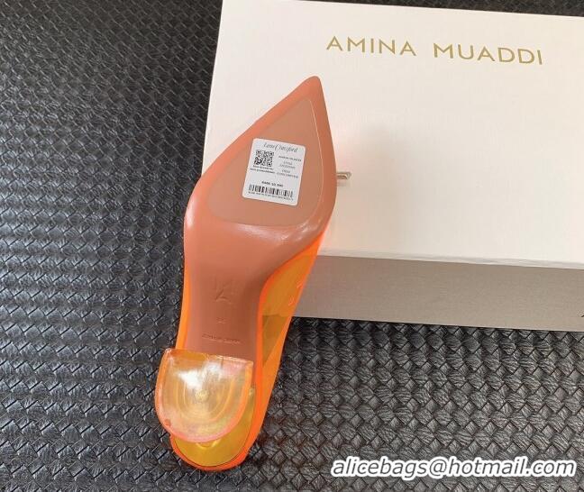 Good Quality Amina Muaddi Rosie Glass PVC Pumps 9.5cm with Crystals Bow Orange 124072