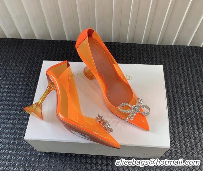 Good Quality Amina Muaddi Rosie Glass PVC Pumps 9.5cm with Crystals Bow Orange 124072