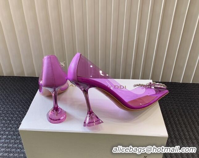 Luxury Amina Muaddi Rosie Glass PVC Pumps 9.5cm with Crystals Bow Purple 124070