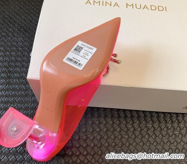 Pretty Style Amina Muaddi Rosie Glass PVC Pumps with Crystals Bow 9.5cm Fuchsia Pink 0124076