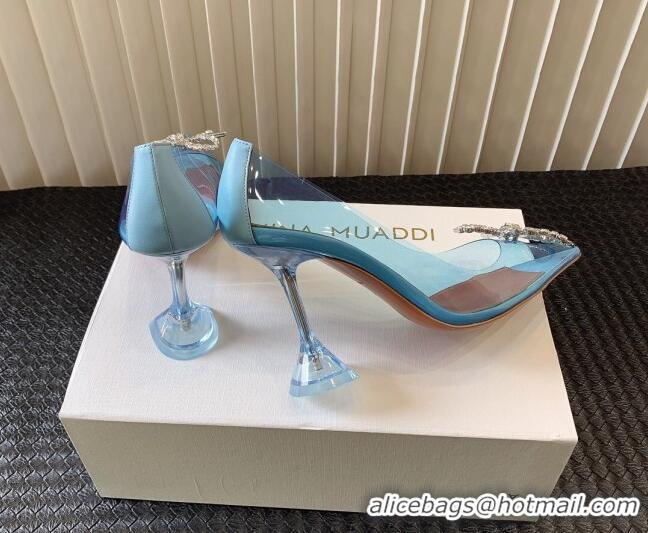 Best Price Amina Muaddi Rosie Glass PVC Pumps 9.5cm with Crystals Bow Light Blue 0124079