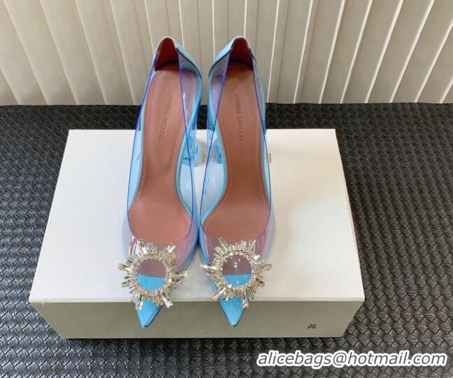 Best Grade Amina Muaddi Begum Glass PVC Pumps 9.5cm with Crystals Circle Light Blue 0124080