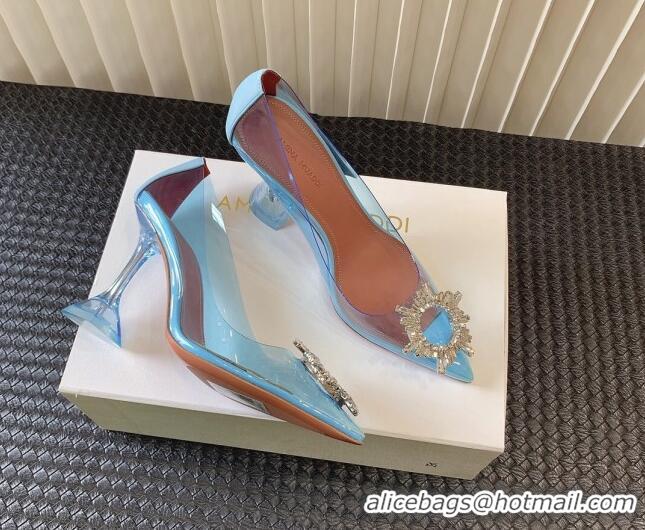 Best Grade Amina Muaddi Begum Glass PVC Pumps 9.5cm with Crystals Circle Light Blue 0124080