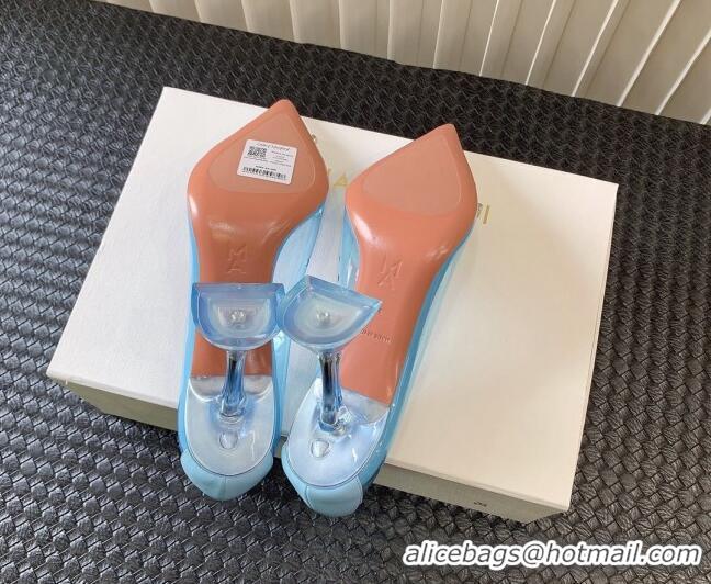 Best Grade Amina Muaddi Begum Glass PVC Pumps 9.5cm with Crystals Circle Light Blue 0124080