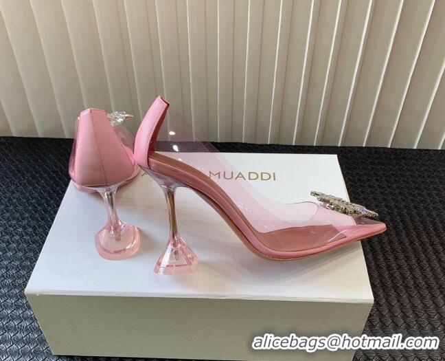 Luxurious Amina Muaddi Begum Glass PVC Pumps 9.5cm with Crystals Circle Light Pink 124087