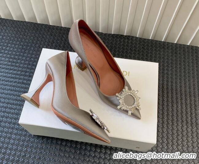 Pretty Style Amina Muaddi Begum Glass Satin Pumps 9.5cm with Crystals Circle Grey 0124096