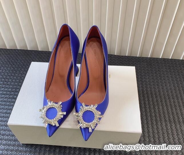 Grade Quality Amina Muaddi Begum Glass Satin Pumps 9.5cm with Crystals Circle Royal Blue 124097