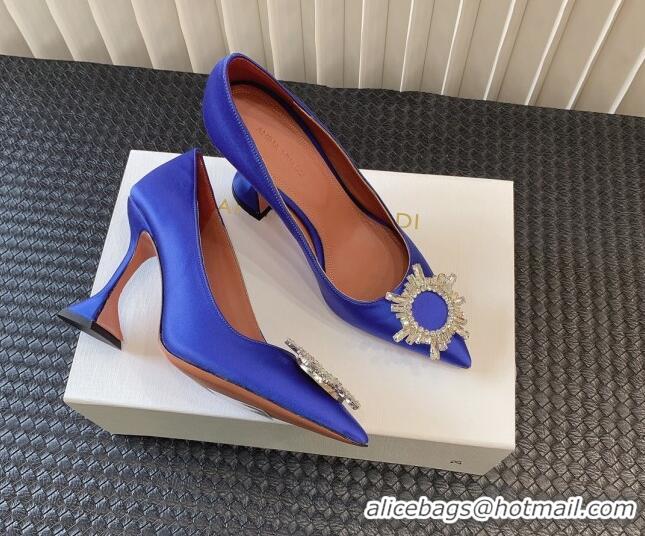 Grade Quality Amina Muaddi Begum Glass Satin Pumps 9.5cm with Crystals Circle Royal Blue 124097