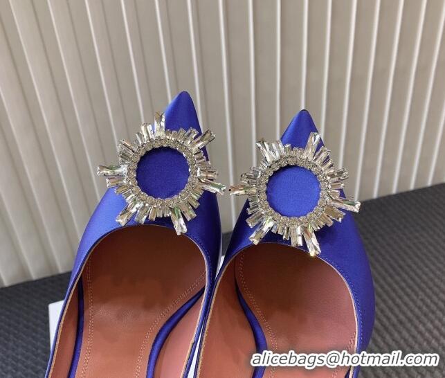 Grade Quality Amina Muaddi Begum Glass Satin Pumps 9.5cm with Crystals Circle Royal Blue 124097