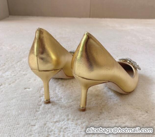 Unique Style Manolo Blahnik Classic Pumps 7cm in Metallic Leather with Crystal Buckle Gold 0228024