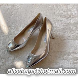 Top Design Manolo Blahnik Classic Pumps 7cm in Metallic Leather with Crystal Buckle Silver 228025