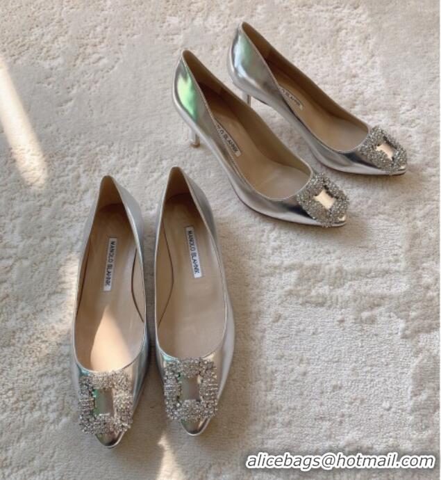 Top Design Manolo Blahnik Classic Pumps 7cm in Metallic Leather with Crystal Buckle Silver 228025