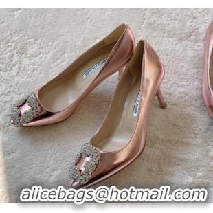 Good Quality Manolo Blahnik Classic Pumps 7cm in Metallic Leather with Crystal Buckle Pink 0228026