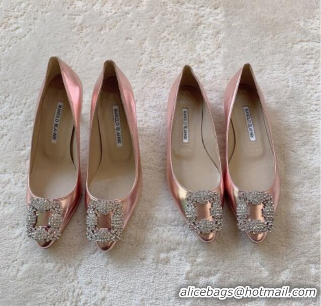 Good Quality Manolo Blahnik Classic Pumps 7cm in Metallic Leather with Crystal Buckle Pink 0228026