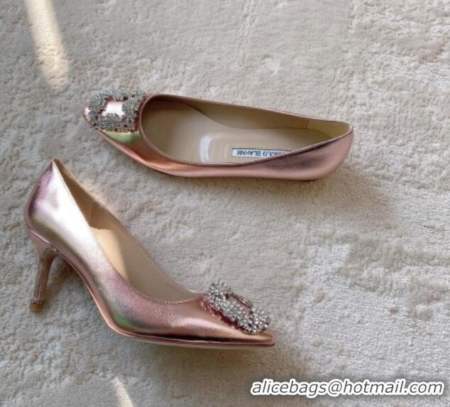 Good Quality Manolo Blahnik Classic Pumps 7cm in Metallic Leather with Crystal Buckle Pink 0228026