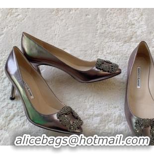 Durable Manolo Blahnik Classic Pumps 7cm in Metallic Leather with Crystal Buckle Grey 228027