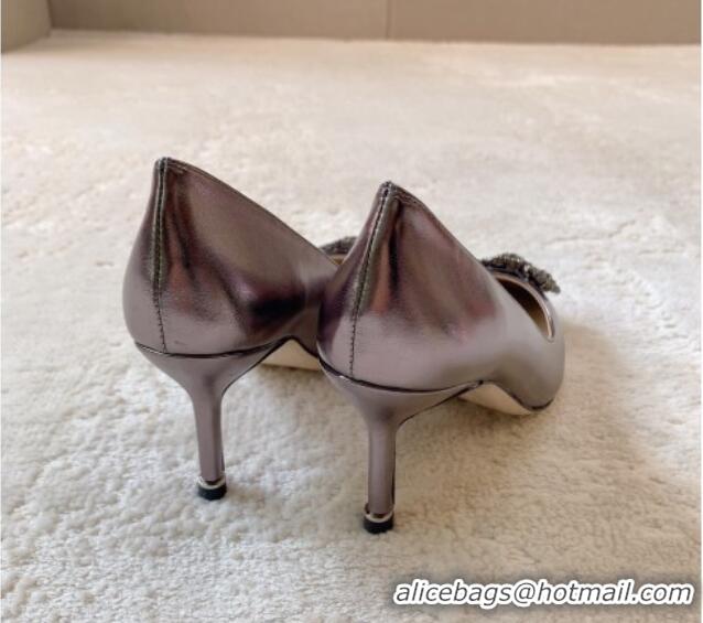 Durable Manolo Blahnik Classic Pumps 7cm in Metallic Leather with Crystal Buckle Grey 228027