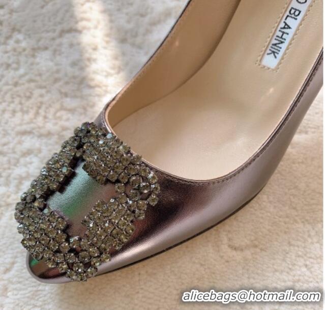 Durable Manolo Blahnik Classic Pumps 7cm in Metallic Leather with Crystal Buckle Grey 228027