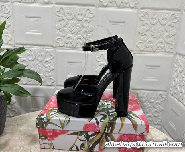 Best Grade Dolce & Gabbana DG Strap Platform Pumps 15cm in Patent Leather Black 0126032