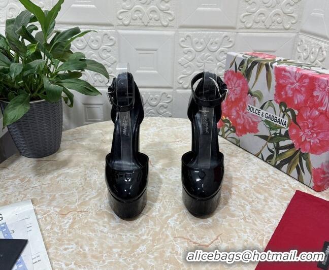 Best Grade Dolce & Gabbana DG Strap Platform Pumps 15cm in Patent Leather Black 0126032