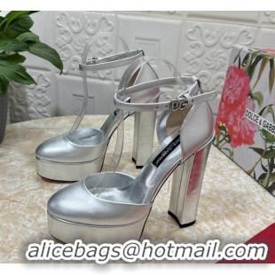 Hot Style Dolce & Gabbana DG Strap Platform Pumps 15cm in Metallic Leather Silver 0126036