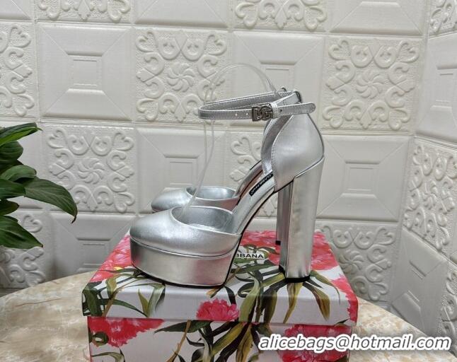 Hot Style Dolce & Gabbana DG Strap Platform Pumps 15cm in Metallic Leather Silver 0126036