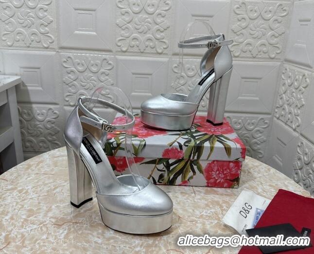 Hot Style Dolce & Gabbana DG Strap Platform Pumps 15cm in Metallic Leather Silver 0126036