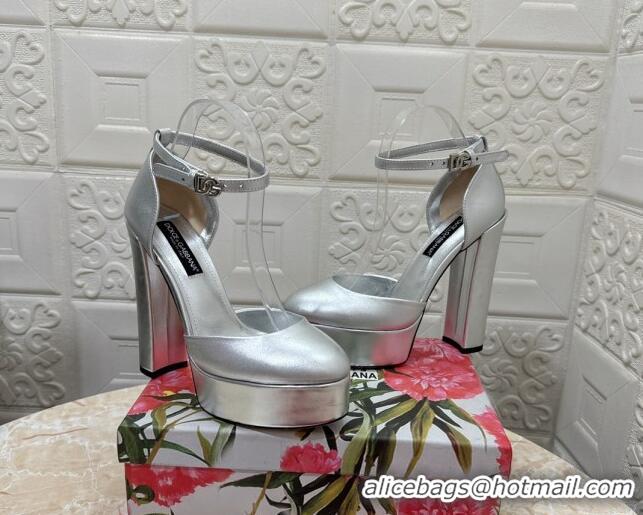 Hot Style Dolce & Gabbana DG Strap Platform Pumps 15cm in Metallic Leather Silver 0126036