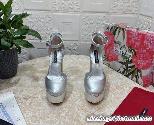 Hot Style Dolce & Gabbana DG Strap Platform Pumps 15cm in Metallic Leather Silver 0126036