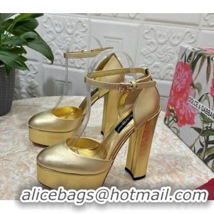 Sophisticated Dolce & Gabbana DG Strap Platform Pumps 15cm in Metallic Leather Gold 0126037