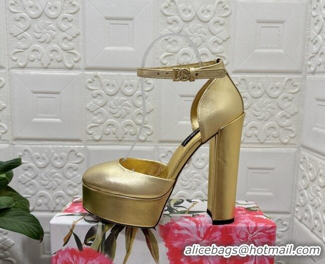 Sophisticated Dolce & Gabbana DG Strap Platform Pumps 15cm in Metallic Leather Gold 0126037