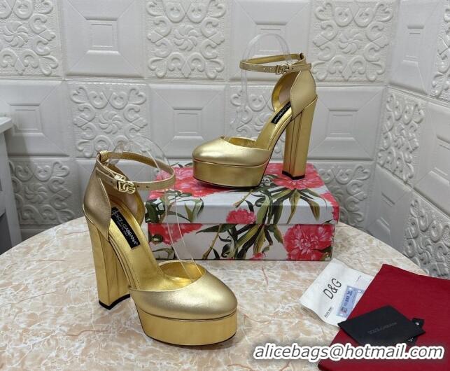 Sophisticated Dolce & Gabbana DG Strap Platform Pumps 15cm in Metallic Leather Gold 0126037