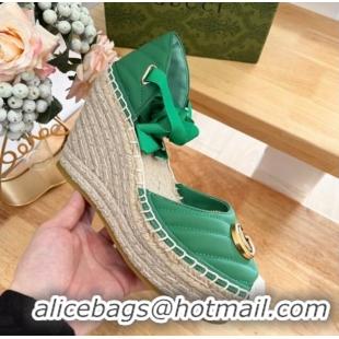 Best Price Gucci Chevron Leather Wedge Platform Espadrilles 10cm with Lace Green 0125093