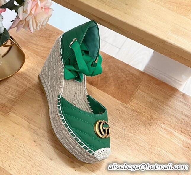 Best Price Gucci Chevron Leather Wedge Platform Espadrilles 10cm with Lace Green 0125093