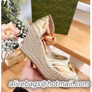 Best Grade Gucci Chevron Leather Wedge Platform Espadrilles 10cm with Lace Gold 0125094