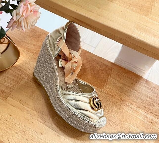 Best Grade Gucci Chevron Leather Wedge Platform Espadrilles 10cm with Lace Gold 0125094