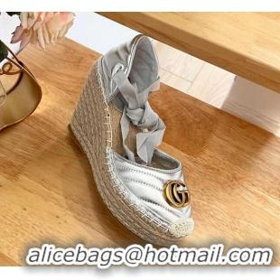 Purchase Gucci Chevron Leather Wedge Platform Espadrilles 10cm with Lace Silver 0125095