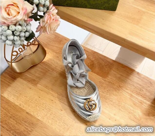 Purchase Gucci Chevron Leather Wedge Platform Espadrilles 10cm with Lace Silver 0125095