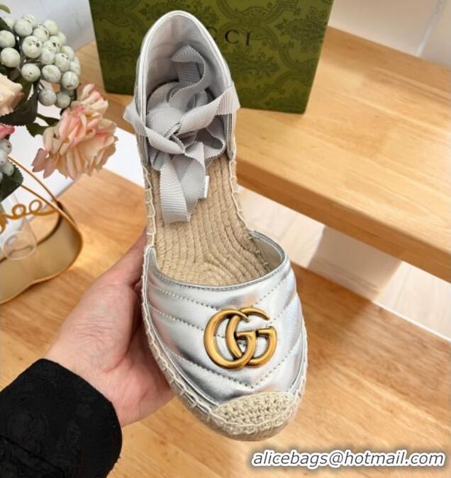 Purchase Gucci Chevron Leather Wedge Platform Espadrilles 10cm with Lace Silver 0125095