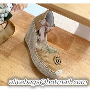 Good Quality Gucci Chevron Patent Leather Wedge Platform Espadrilles 10cm with Lace Khaki 0125096