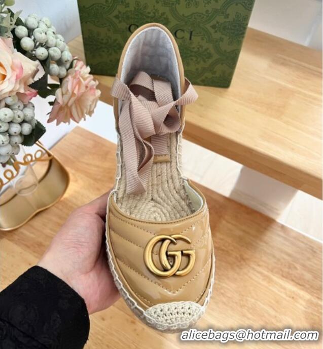 Good Quality Gucci Chevron Patent Leather Wedge Platform Espadrilles 10cm with Lace Khaki 0125096