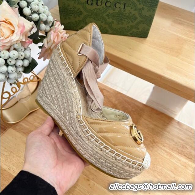 Good Quality Gucci Chevron Patent Leather Wedge Platform Espadrilles 10cm with Lace Khaki 0125096