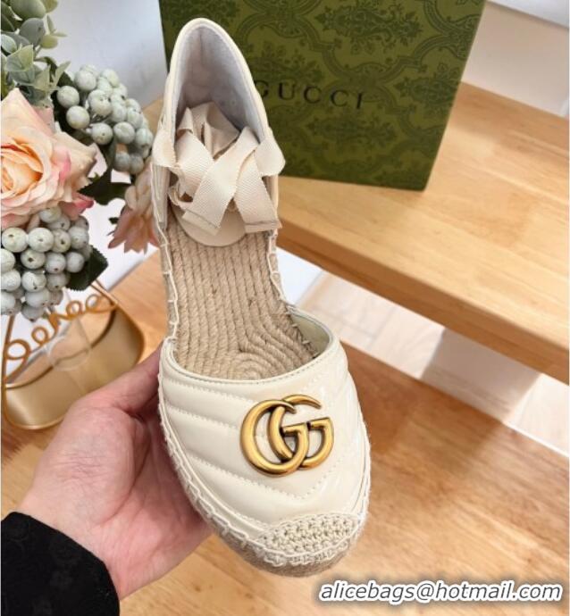 Popular Style Gucci Chevron Patent Leather Wedge Platform Espadrilles 10cm with Lace White 125097