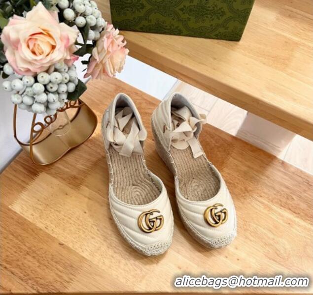 Popular Style Gucci Chevron Patent Leather Wedge Platform Espadrilles 10cm with Lace White 125097