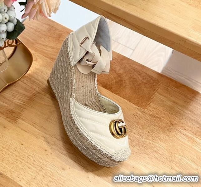 Popular Style Gucci Chevron Patent Leather Wedge Platform Espadrilles 10cm with Lace White 125097