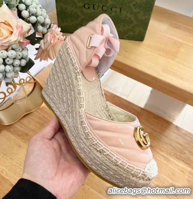 Grade Quality Gucci Chevron Patent Leather Wedge Platform Espadrilles 10cm with Lace Light Pink 0125098