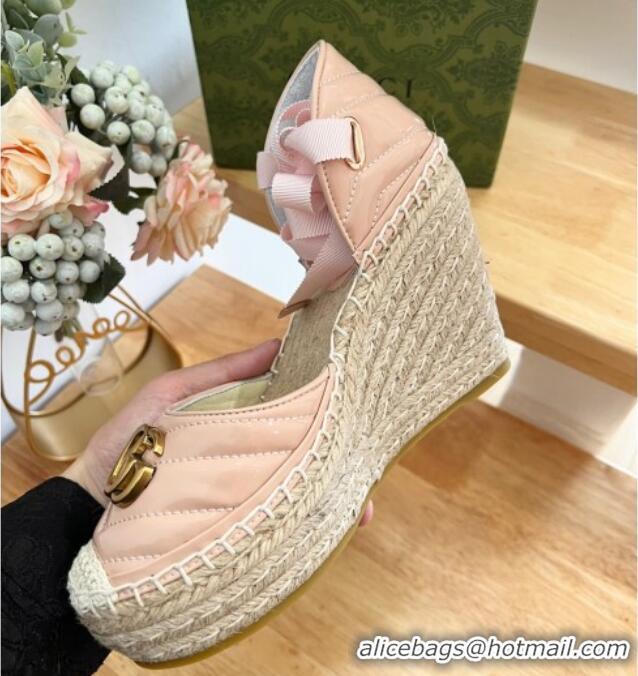 Grade Quality Gucci Chevron Patent Leather Wedge Platform Espadrilles 10cm with Lace Light Pink 0125098