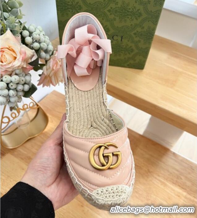 Grade Quality Gucci Chevron Patent Leather Wedge Platform Espadrilles 10cm with Lace Light Pink 0125098